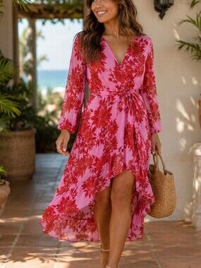 CAbi  Floral High Low Wrap Dress XS Boho Long Sleeve